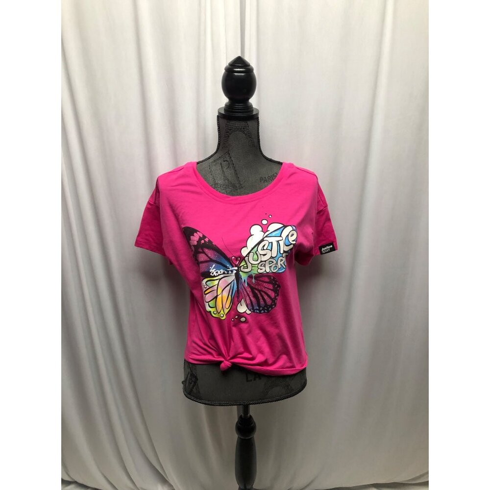 Justice Pink Butterfly Graphic T-Shirt Girls Size Large 12-14 Knotted Front